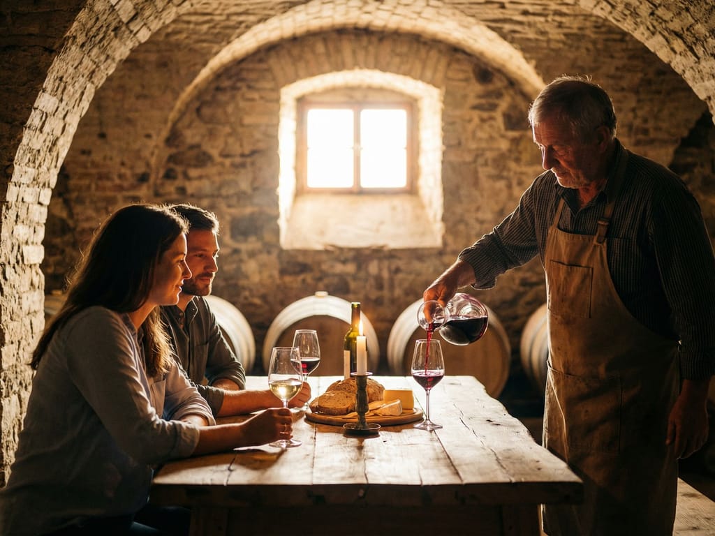 Degustace vína ve vinném sklepě s teplým osvětlením