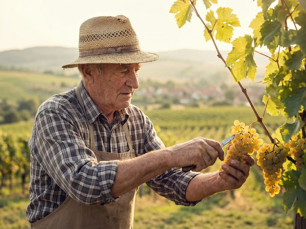 Vinař při práci ve vinici s hrozny v teplém podvečerním světle